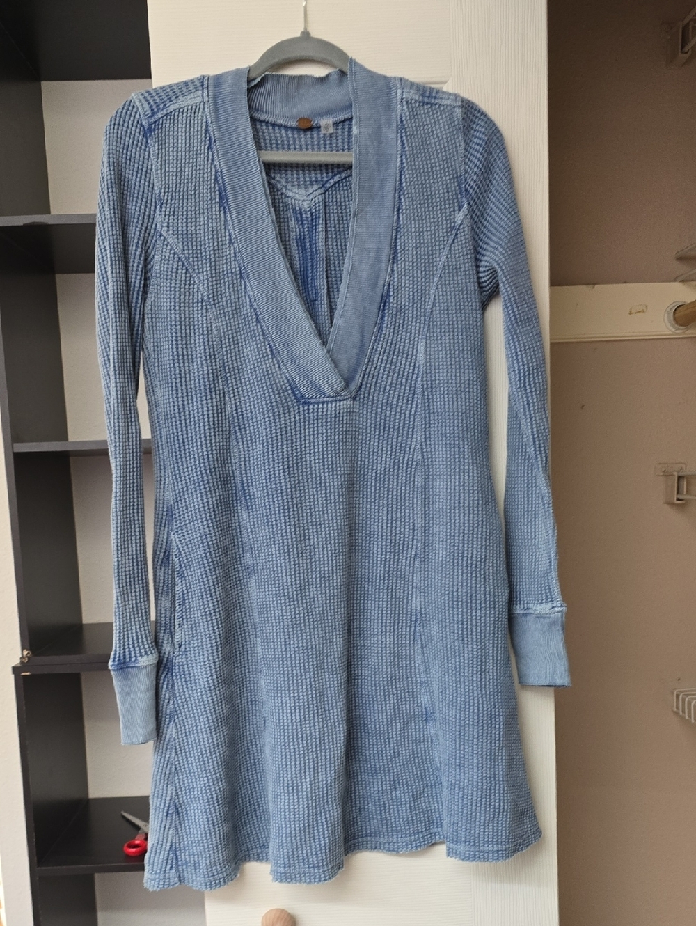 Blue Long-Sleeve V-Neck Women's Dress Free People Waffle Fabriv